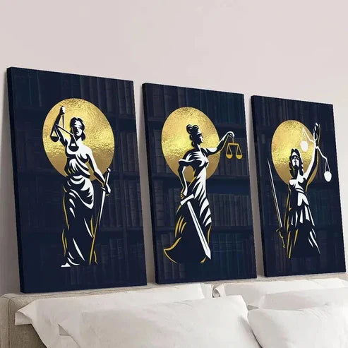 3pcs Golden Silhouette Trio Justice Statue Wall Art Canvas Unframed - High Quality Print 100% Australian Made Wall Canvas