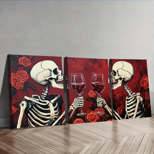 3pcs Skeleton Wine Glasses Red Roses Perfect Wall Art Set Canvas Unframed - High Quality Print 100% Australian Made Wall Canvas