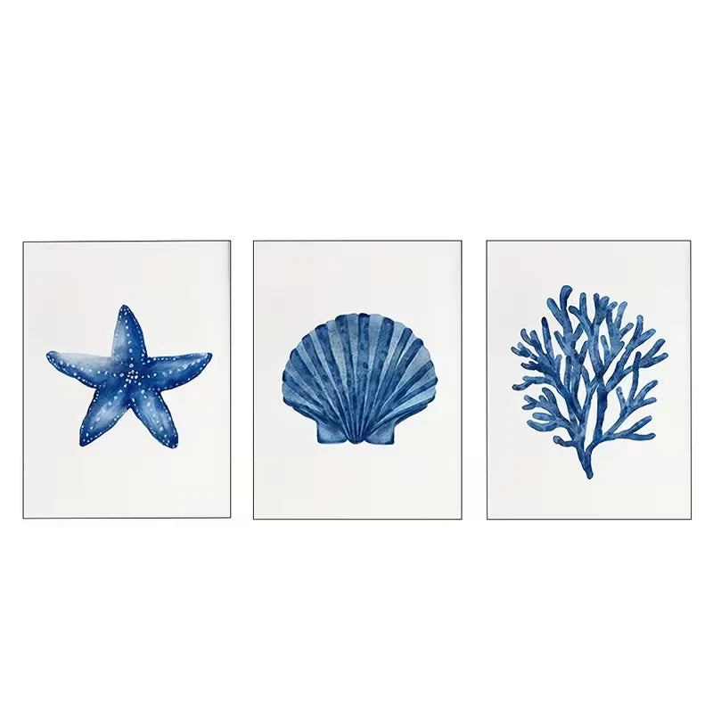 3pcs Navy Blue Coral Seashell Starfish  Wall Art Set Canvas Framed 40x60cm - High Quality Print 100% Australian Made Wall Canvas Ready to Hang