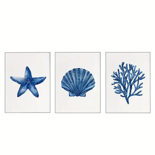 3pcs Navy Blue Coral Seashell Starfish Wall Art Set Canvas Framed 40x60cm - High Quality Print 100% Australian Made Wall Canvas Ready to Hang