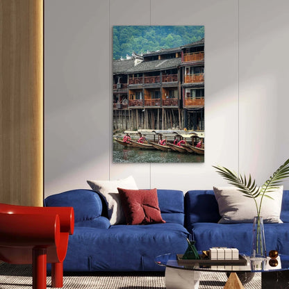 Rustic Asian River Village Wooden Boats 40x60cm Metal Print Ready to Hang