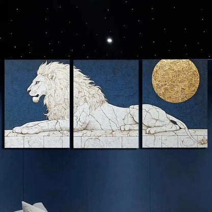 3pcs Featuring Majestic Lion and Golden Moon Metal Print Ready to Hang Art - Bella Home Decor