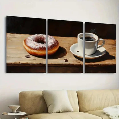 3pcs Coffee & Donut, Realistic Wooden Tabletop Wall Art Set Canvas Unframed - High Quality Print 100% Australian Made Wall Canvas - Bella Home Decor