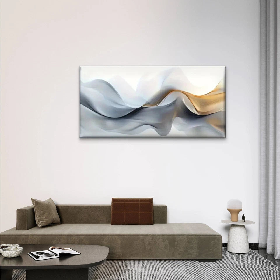 White & Golden Swirling Design Wall Art Canvas Office Home Room Framed 120x60cm