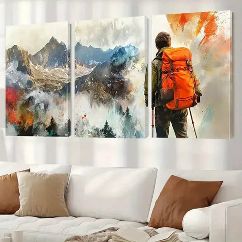 3pcs Mountain and Hiker & Snow-Capped Peaks Wall Art Canvas Unframed - High Quality Print 100% Australian Made Wall Canvas