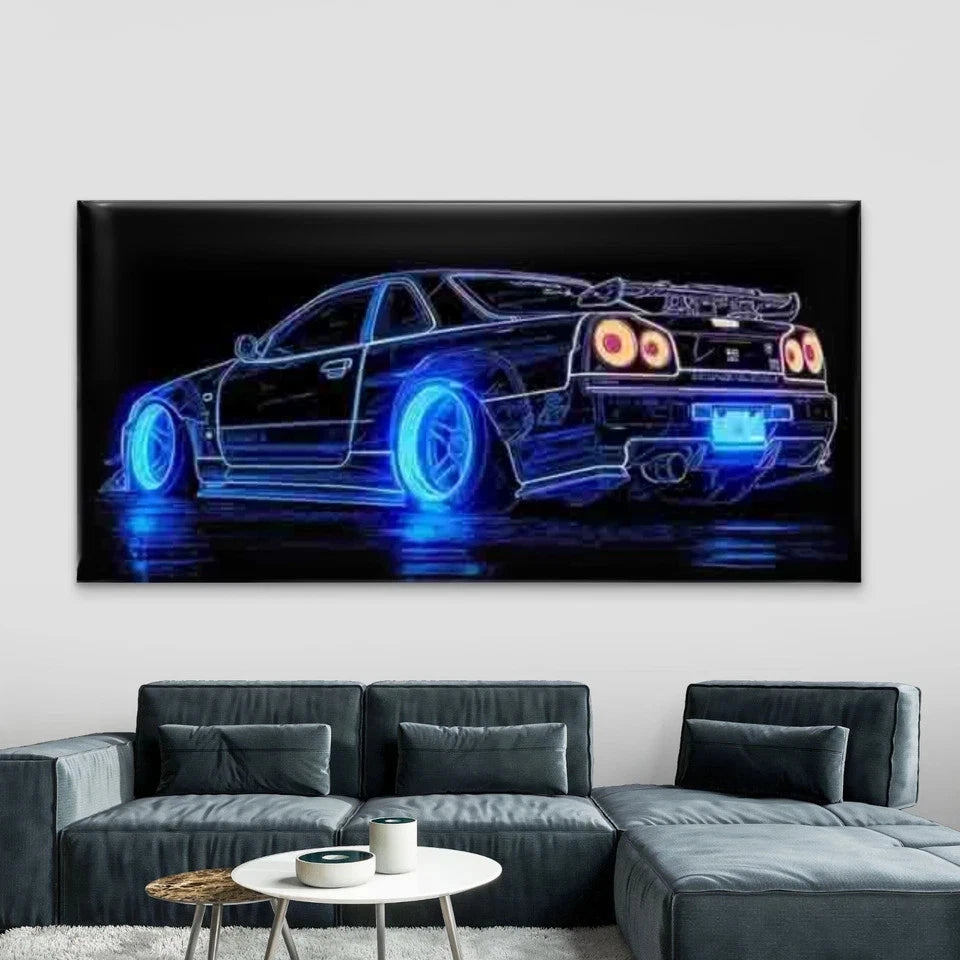 Sports Car Vibrant Blue & Red Wall Art Canvas Office Home Room Framed 120x60cm