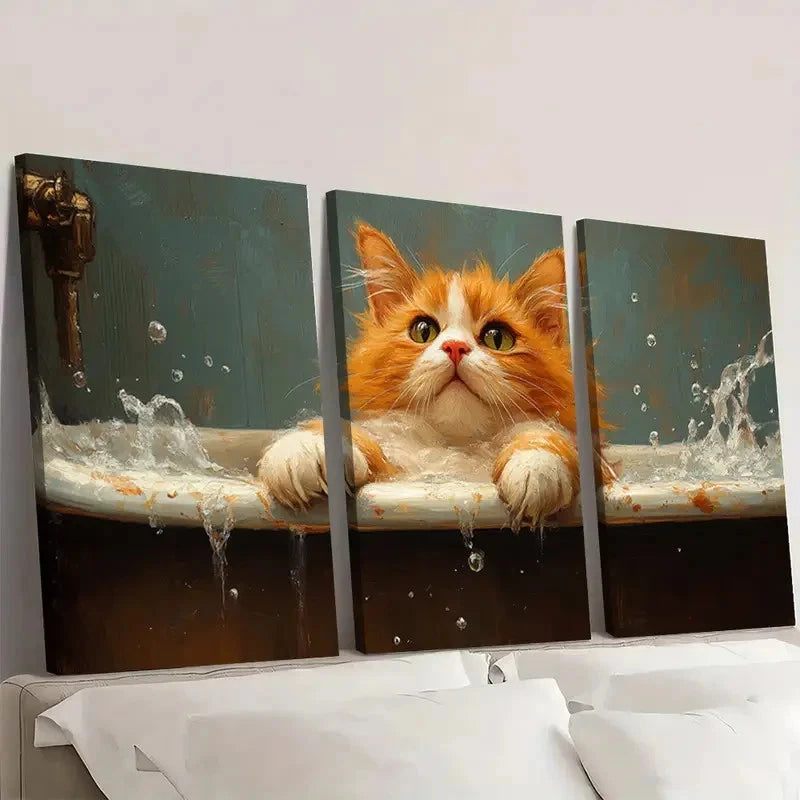 3pcs Funny Orange Kitten in Bathtub Wall Art Set Canvas Framed 50x70cm - High Quality Print 100% Australian Made Wall Canvas Ready to Hang - Bella Home Decor