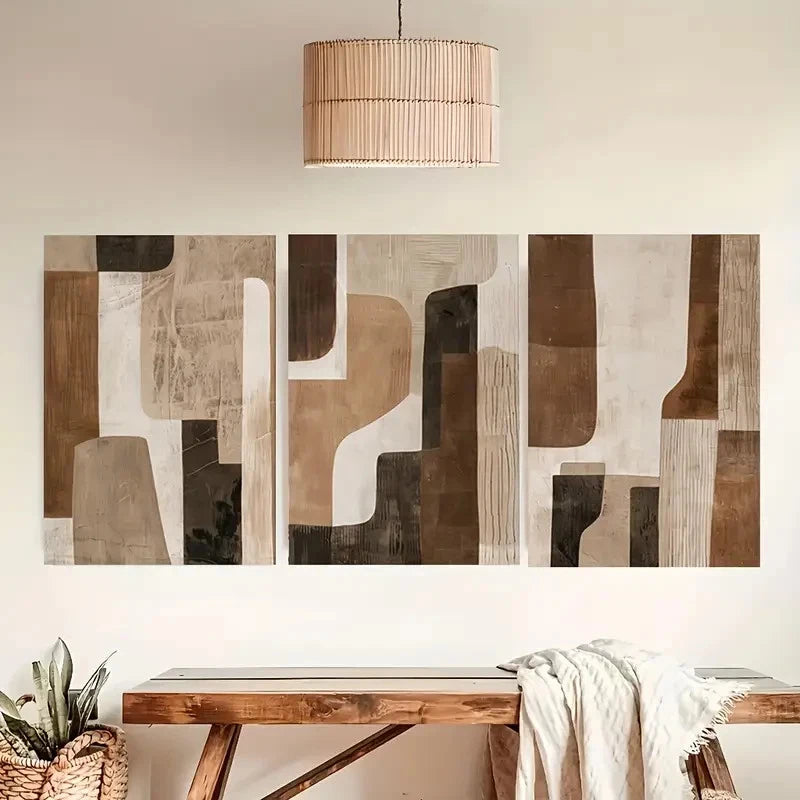 3pcs Abstract Brown and Beige Neutral Paintings Metal Print Ready to Hang Art - Bella Home Decor