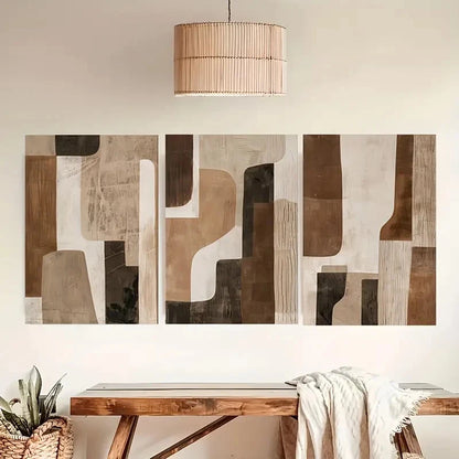 3pcs Abstract Brown and Beige Neutral Paintings Metal Print Ready to Hang Art - Bella Home Decor