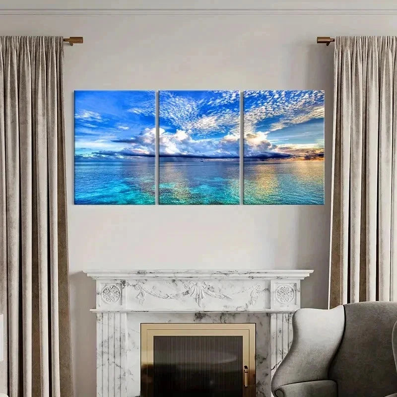 3pcs Blue Sky White Clouds Sea Natural Wall Art Set Canvas Framed 60x90cm - High Quality Print 100% Australian Made Wall Canvas Ready to Hang - Bella Home Decor