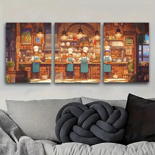 3pcs Charming Bakery Warm Cartoon Style Chef Wall Art Set Canvas Framed 50x70cm - High Quality Print 100% Australian Made Wall Canvas Ready to Hang