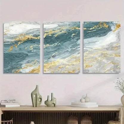 3pcs Abstract Marble Blue & Golden Swirls Wall Art Set Canvas Framed 40x60cm - High Quality Print 100% Australian Made Wall Canvas Ready to Hang