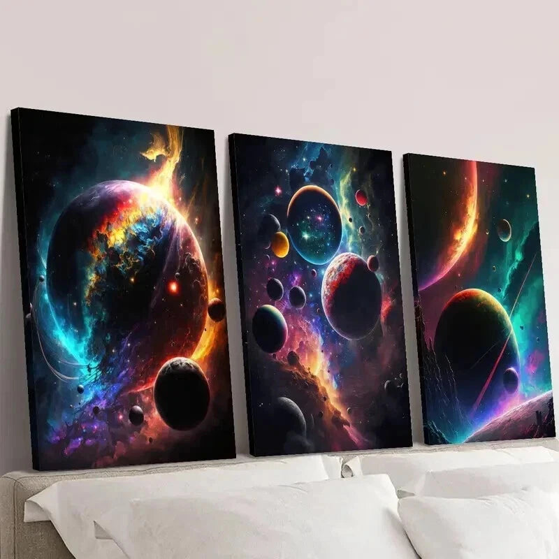 3pcs Colorful Space & Glowing Planets Wall Art Set Canvas Framed 60x90cm - High Quality Print 100% Australian Made Wall Canvas Ready to Hang