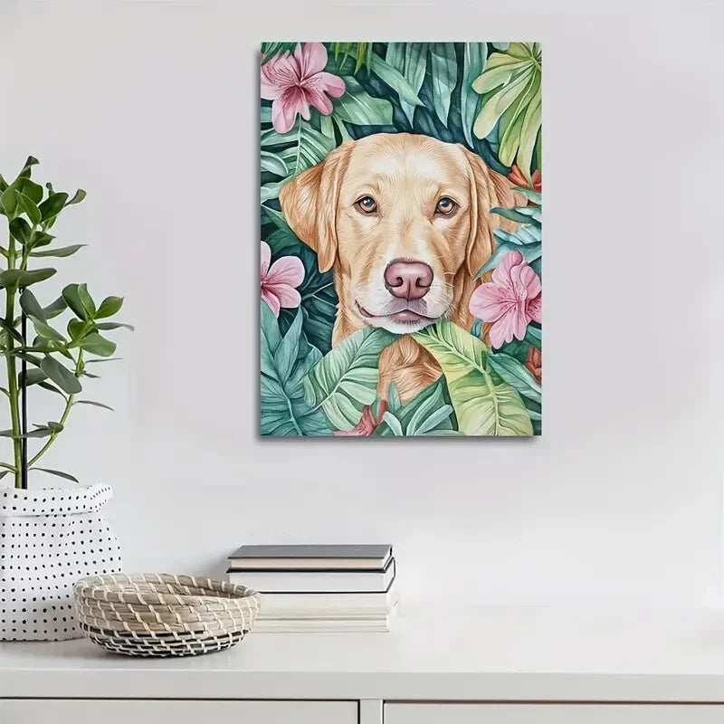 Vibrant Tropical Flowers & Labrador Retriever Dog 40x60cm Metal Print Ready to Hang - Bella Home Decor