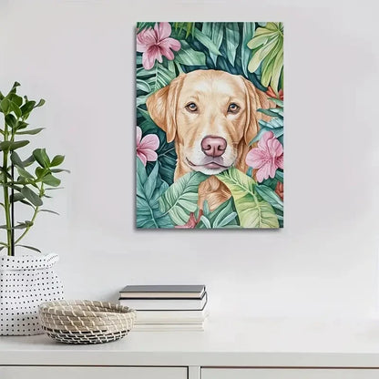 Vibrant Tropical Flowers & Labrador Retriever Dog 40x60cm Metal Print Ready to Hang - Bella Home Decor