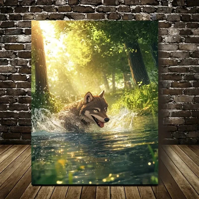 Cartoon Style Wolf Splashing In Water Painting 40x60cm Metal Print Ready to Hang - Bella Home Decor