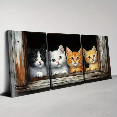 3pcs Whimsical Kitten Peeking Through Window Canvas Unframed - High Quality Print 100% Australian Made Wall Canvas