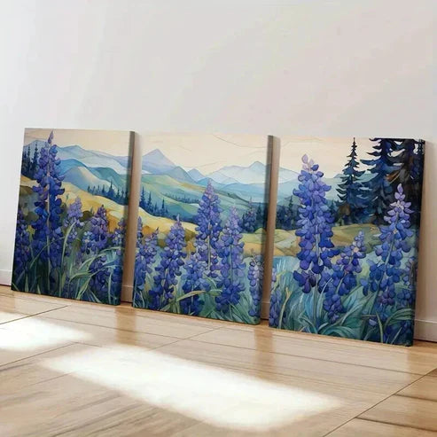 3pcs Mountain Landscape Blue Lupine Flowers Wall Art Set Canvas Unframed - High Quality Print 100% Australian Made Wall Canvas