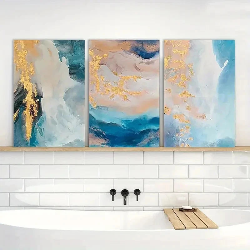 3pcs Turquoise Abstract Golden Marble Painting Metal Print Ready to Hang Art - Bella Home Decor