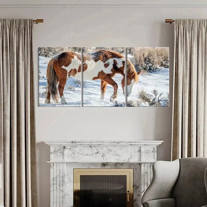3pcs Snowy Landscape with Brown and White Horse Wall Art Set Canvas Framed 40x60cm - High Quality Print 100% Australian Made Wall Canvas Ready to Hang - Bella Home Decor