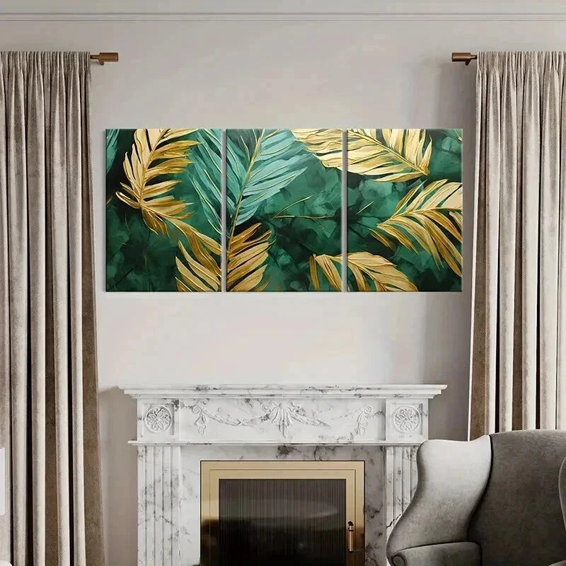 3pcs Green And Gold Art Tropical Palm Leaves Wall Art Set Canvas Framed 40x60cm - High Quality Print 100% Australian Made Wall Canvas Ready to Hang - Bella Home Decor