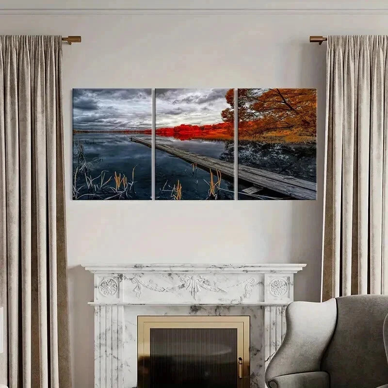 3pcs Natural Autumn Modern Pier Bridge Wall Art Set Canvas Framed 40x60cm - High Quality Print 100% Australian Made Wall Canvas Ready to Hang - Bella Home Decor