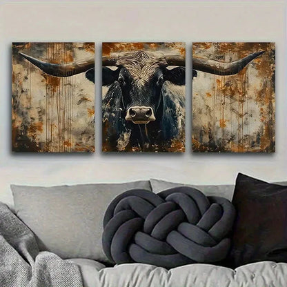 3pcs Textured Black Bull Painting Wall Art Set Canvas Framed 40x60cm - High Quality Print 100% Australian Made Wall Canvas Ready to Hang - Bella Home Decor