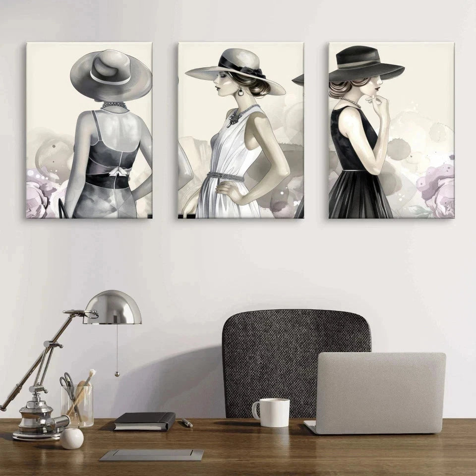 3pcs Elegant Fashion Illustration Women in Hats Wall Art Set Canvas Framed 60x90cm - High Quality Print 100% Australian Made Wall Canvas Ready to Hang
