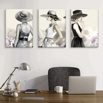 3pcs Elegant Fashion Illustration Women in Hats Wall Art Set Canvas Framed 60x90cm - High Quality Print 100% Australian Made Wall Canvas Ready to Hang