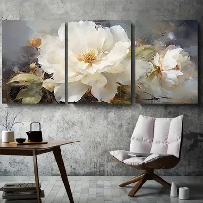 3pcs Abstract White Flowers Green Leaves Wall Art Set Canvas Unframed - High Quality Print 100% Australian Made Wall Canvas - Bella Home Decor