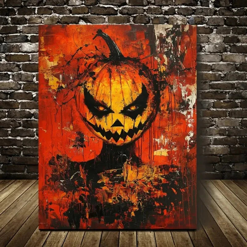 Contemporary Abstract Halloween Pumpkin Painting 40x60cm Metal Print Ready to Hang - Bella Home Decor