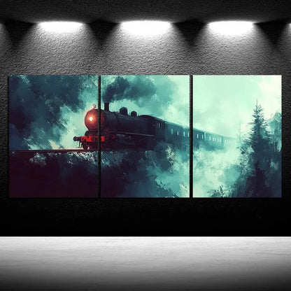 3pcs Freight Train Red Light Snowy Metal Print Ready to Hang Art - Bella Home Decor
