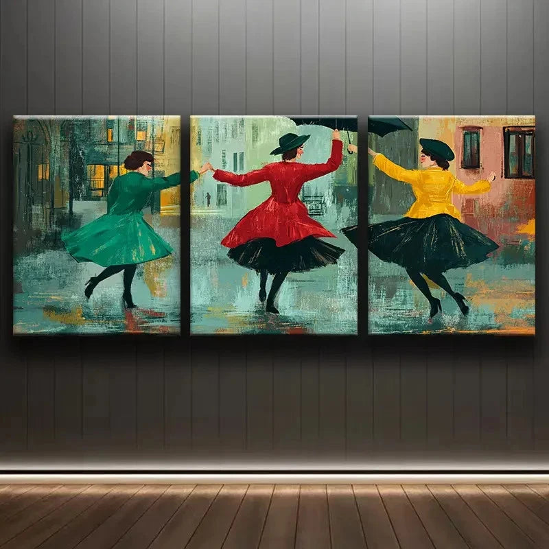 3pcs Dancing in the Rain Scene Wall Art Set Canvas Framed 60x90cm - High Quality Print 100% Australian Made Wall Canvas Ready to Hang - Bella Home Decor