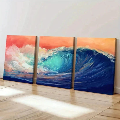 3pcs Ocean Waves Watercolor Aesthetic Wall Art Set Canvas Framed 40x60cm - High Quality Print 100% Australian Made Wall Canvas Ready to Hang - Bella Home Decor
