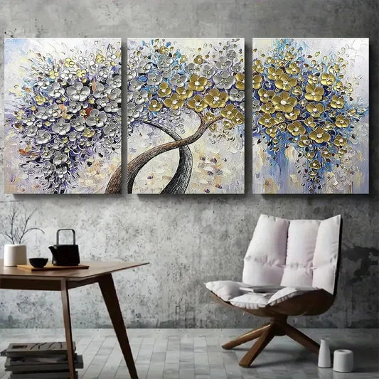 3pcs Abstract Metallic Floral Tree Wall Art Set Canvas Framed 60x90cm - High Quality Print 100% Australian Made Wall Canvas Ready to Hang