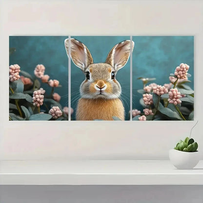 3pcs Boho Rabbit Pink Flowers & Green Leaves F  Wall Art Set Canvas Framed 50x70cm - High Quality Print 100% Australian Made Wall Canvas Ready to Hang - Bella Home Decor
