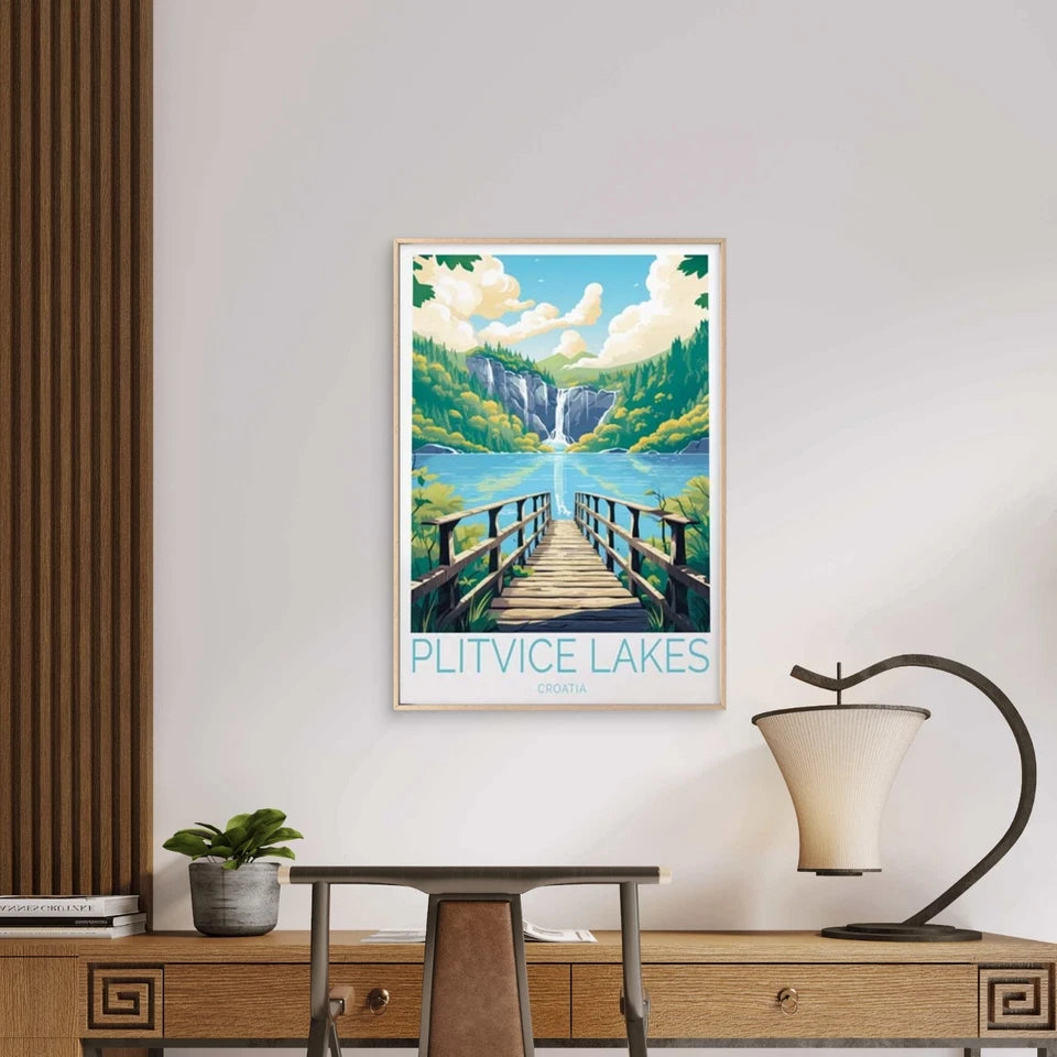 Plitvice Lakes Croatia, Bridge and Trees Travel Poster Print Wall Art - Bella Home Decor