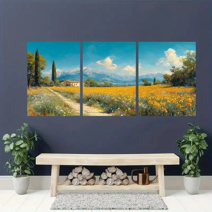 3pcs Antique-Style Yellow Irises & Cypress Trees Metal Print Ready to Hang Art