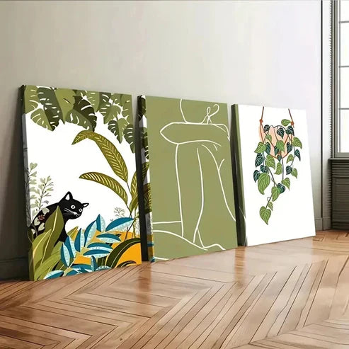3pcs Abstract Classic Modern Botanical Black Cat Wall Art Canvas Unframed - High Quality Print 100% Australian Made Wall Canvas - Bella Home Decor
