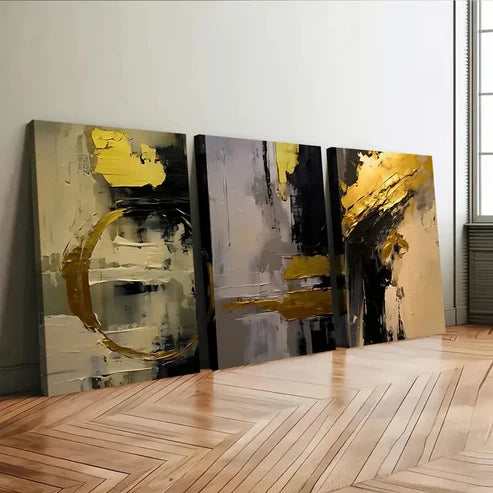 3pcs Golden and Black Abstract Oil Painting Wall Art Set Canvas Unframed - High Quality Print 100% Australian Made Wall Canvas - Bella Home Decor