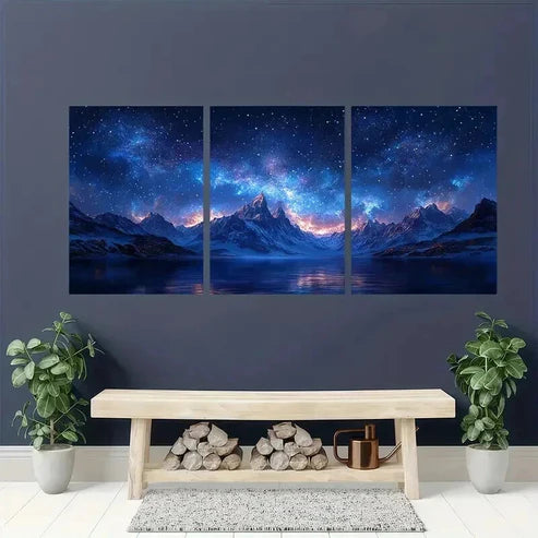 3pcs Snow Mountain Starry Sky Decor Wall Art Canvas Unframed - High Quality Print 100% Australian Made Wall Canvas