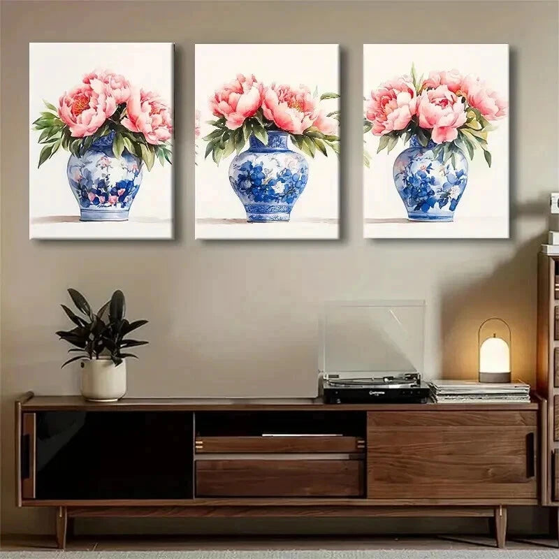 3pcs Blue and White Porcelain Vase Perfect Wall Art Set Canvas Framed 60x90cm - High Quality Print 100% Australian Made Wall Canvas Ready to Hang - Bella Home Decor