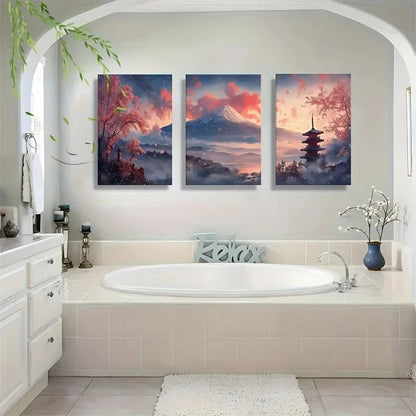 3pcs Japanese Mount Fuji Cherry Blossom Scenery Metal Print Ready to Hang Art