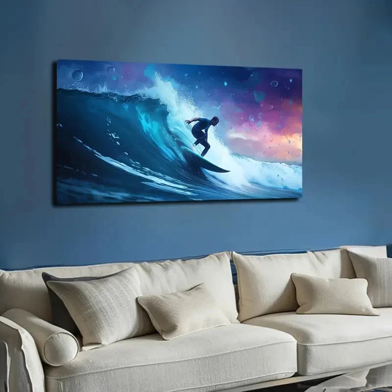 Surfing Rider On Waves Blue Wall Art Canvas Office Home Room Framed 120x60cm