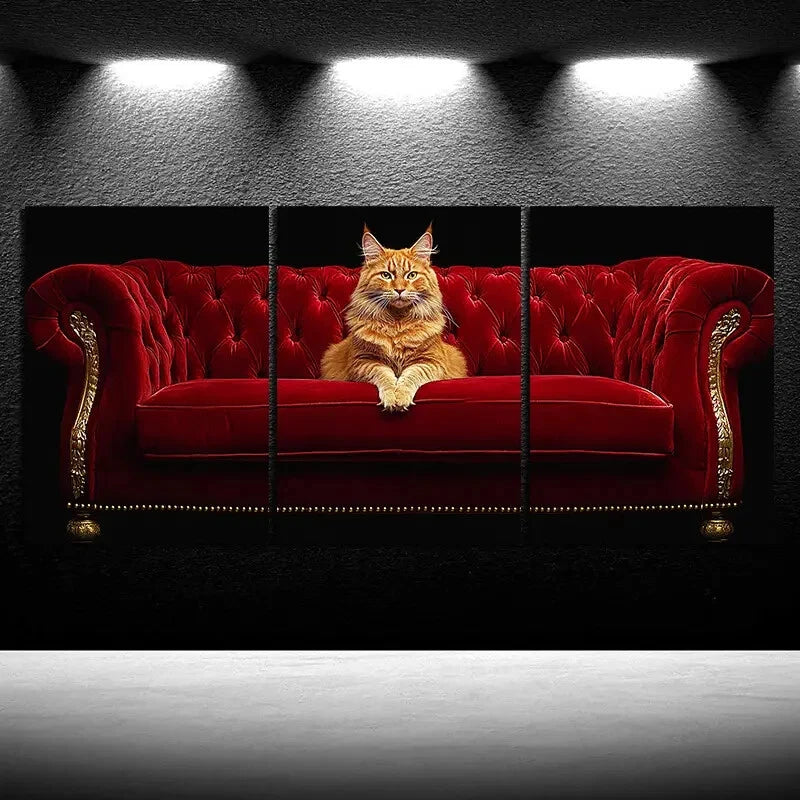 3pcs The Cute Cat on the Red Sofa Metal Print Ready to Hang Art - Bella Home Decor