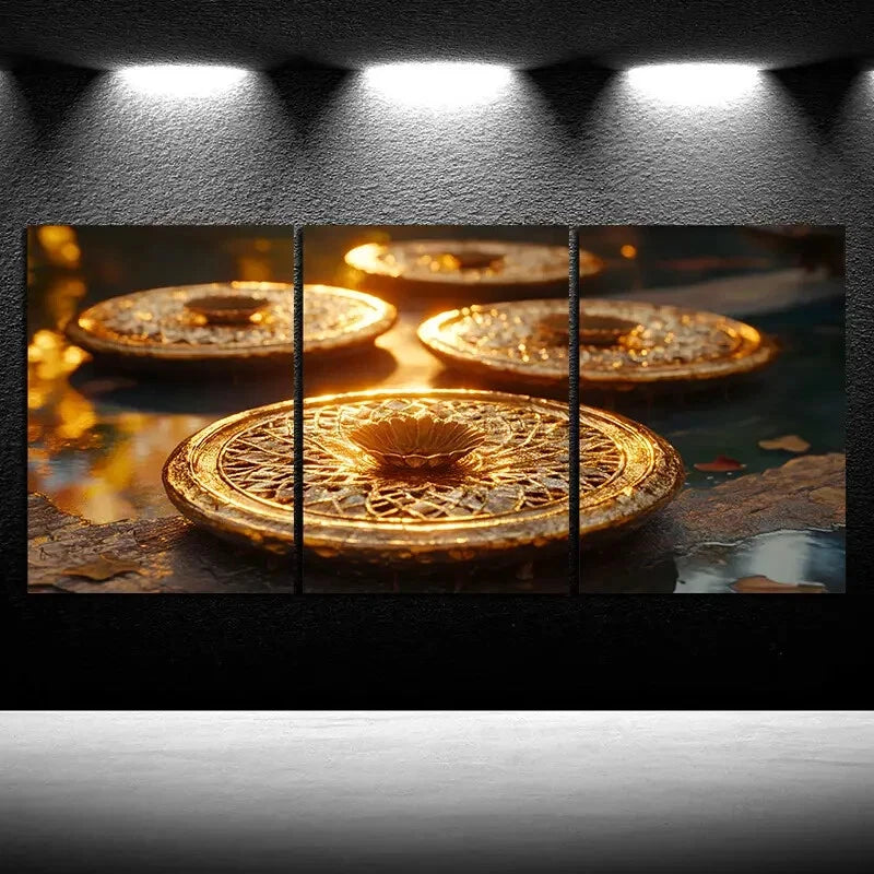 3pcs Fallen Leaves And Lotus Pods Golden Metal Print Ready to Hang Art - Bella Home Decor