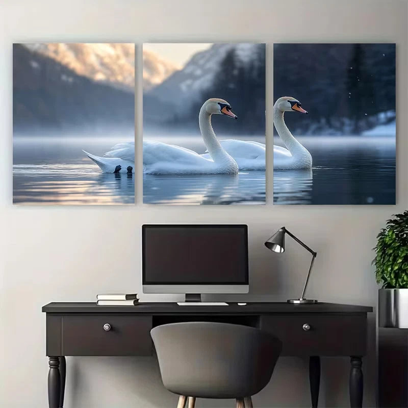 3pcs Swans on Austrian Lake Grundlsee Wall Art Set Canvas Framed 60x90cm - High Quality Print 100% Australian Made Wall Canvas Ready to Hang