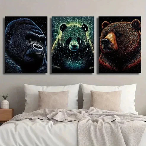 3pcs Wildlife Gorilla Panda & Grizzly Bear Wall Art Set Canvas Unframed - High Quality Print 100% Australian Made Wall Canvas