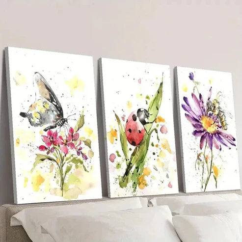 3pcs Flowers & Butterfly Ladybug Bee Wall Art Canvas Unframed – High Quality Print 100% Australian Made Wall Canvas - Bella Home Decor