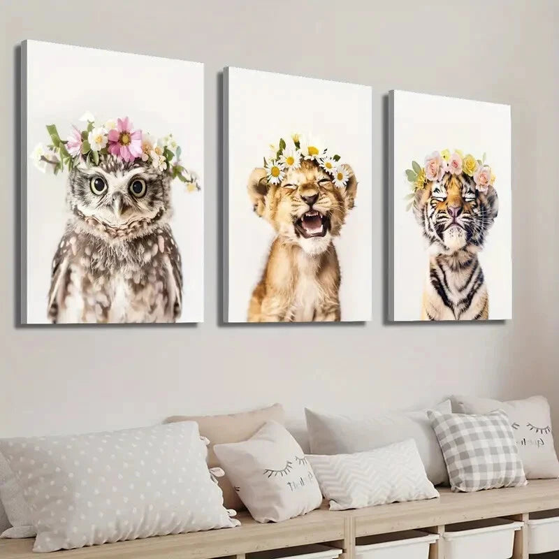 3pcs Adorable Animal Floral Crowns Perfect Wall Art Set Canvas Framed 40x60cm - High Quality Print 100% Australian Made Wall Canvas Ready to Hang - Bella Home Decor